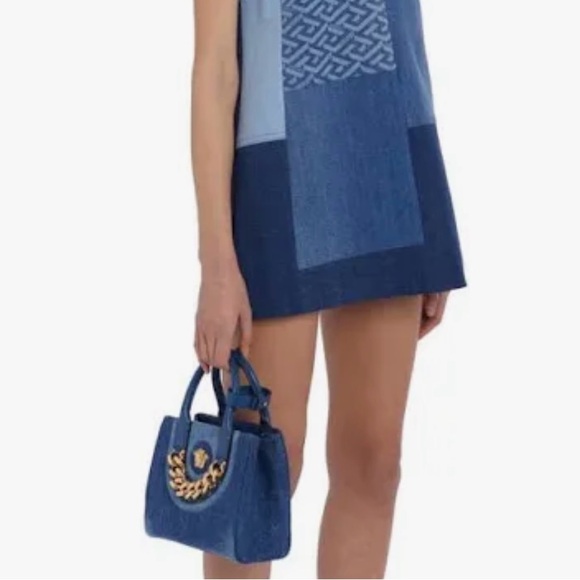 Authentic Rare Versace La Medusa Chain Embellished Leather trimmed Denim Tote 💙 - Picture 3 of 16